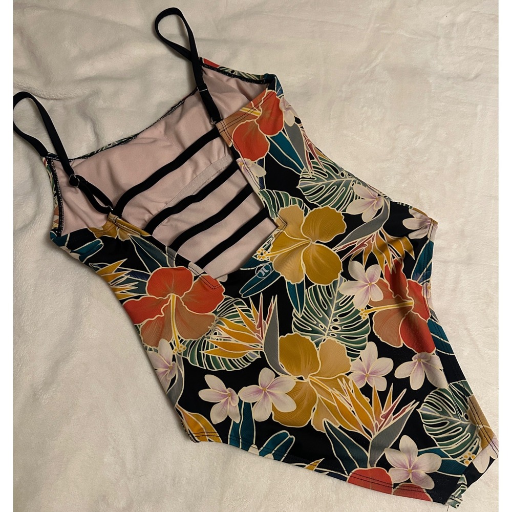 Hurley Womens Tropical Floral One Piece Swimsuit Black Multi Color Size M - Picture 2 of 14
